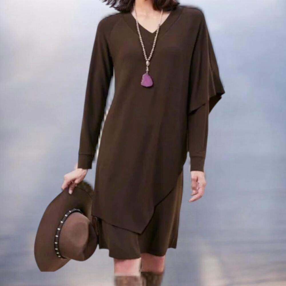 Soft Surroundings Marla Dress Brown Asymmetric Overlay Long Sleeve Size S NWT